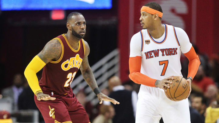 Feb 23, 2017; Cleveland, OH, USA; Cleveland Cavaliers forward LeBron James (23) defends New York Knicks forward Carmelo Anthony (7) during the second half at Quicken Loans Arena. The Cavs won 119-104. Mandatory Credit: Ken Blaze-USA TODAY Sports