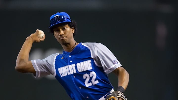 Aug 28, 2022; Phoenix, Arizona, US; East infielder Arjun Nimmala (22) during the Perfect Game All-American Classic high school baseball game at Chase Field. Mandatory Credit: Mark J. Rebilas-Imagn Images