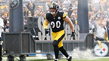 Nov 17, 2024; Pittsburgh, Pennsylvania, USA;  Pittsburgh Steelers linebacker T.J. Watt (90) reacts as he take the field against the Baltimore Ravens at Acrisure Stadium. Mandatory Credit: Charles LeClaire-Imagn Images