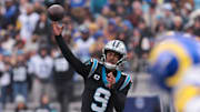 Nov 30, 2025; Charlotte, North Carolina, USA;  Carolina Panthers quarterback Bryce Young (9) throws a pass during the first quarter against the Los Angeles Rams at Bank of America Stadium. Mandatory Credit: Scott Kinser-Imagn Images