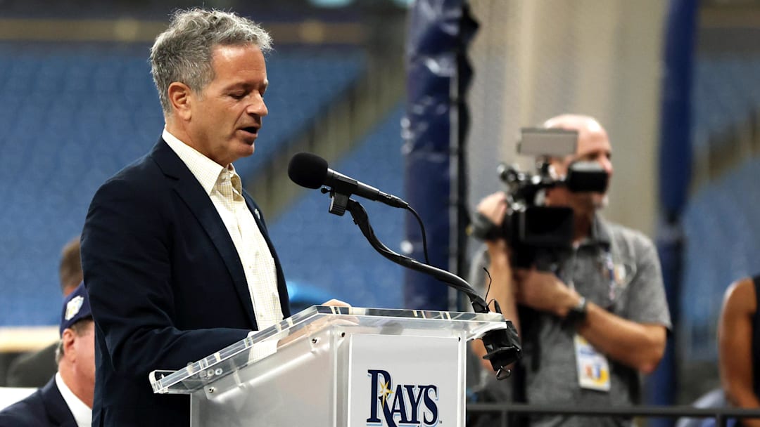 Tampa Bay Rays principal owner Stu Sternberg talks with media as the Tampa Bay Rays announced that a historic agreement has been reached with the City of St. Petersburg and Pinellas County to move forward with a new state-of-the-art ballpark on Sept. 19, 2023.