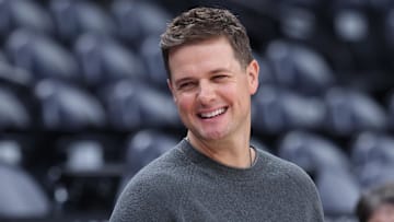 Nov 23, 2025; Salt Lake City, Utah, USA; Utah Jazz head coach Will Hardy watches the team warm up before the game against the Los Angeles Lakers at Delta Center. Mandatory Credit: Rob Gray-Imagn Images