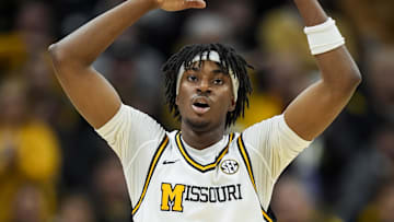 Feb 8, 2025; Columbia, Missouri, USA; Missouri Tigers guard Anthony Robinson II (0) reacts during the first half against the Texas A&M Aggies at Mizzou Arena. Mandatory Credit: Jay Biggerstaff-Imagn Images