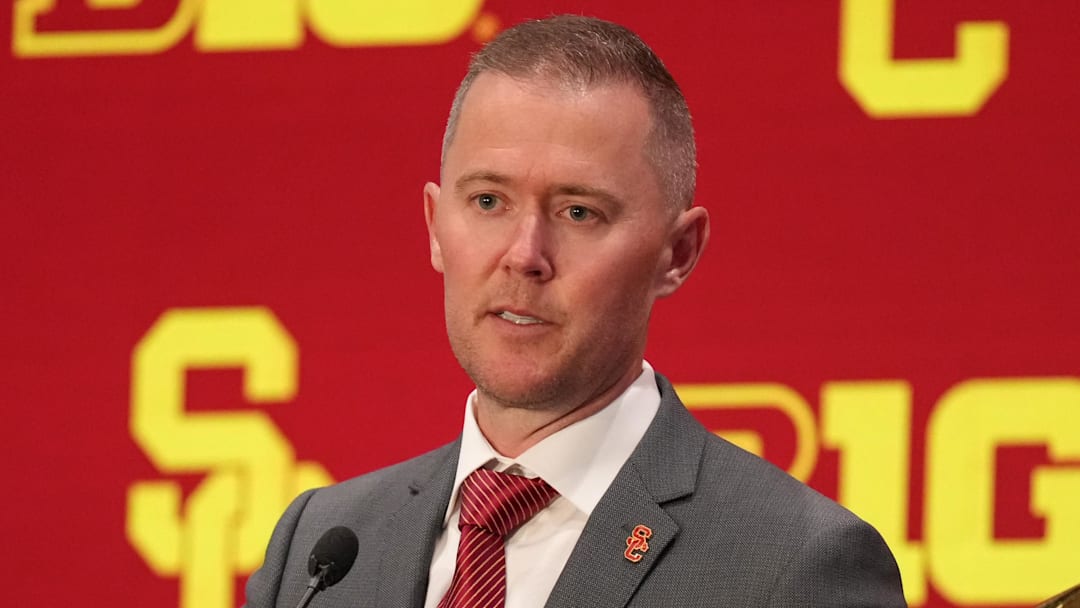 Jul 24, 2025; Las Vegas, NV, USA; USC head coach Lincoln Riley speaks to the media during the Big Ten NCAA college football media days at Mandalay Bay Resort. Mandatory Credit: Lucas Peltier-Imagn Images