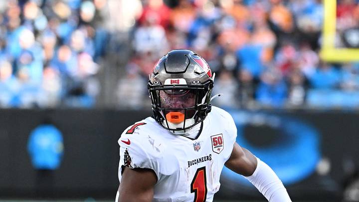 Dec 21, 2025; Charlotte, North Carolina, USA; Tampa Bay Buccaneers running back Rachaad White (1) with the ball in the third quarter at Bank of America Stadium. Mandatory Credit: Bob Donnan-Imagn Images