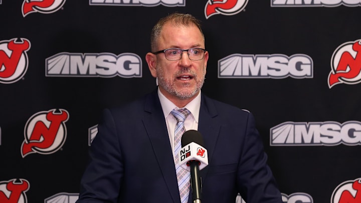Nov 30, 2021; Newark, New Jersey, USA; New Jersey Devils executive vice president/general managerTom Fitzgerald, addresses the media about the contract extension of New Jersey Devils center Jack Hughes (86) before the start of the game against the San Jose Sharks at Prudential Center. Mandatory Credit: Tom Horak-Imagn Images