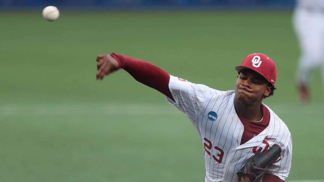 Oklahoma pitcher Xander Mercurius (23) at Kansas. Oklahoma pitcher Xander Mercurius (23) at Kansas.