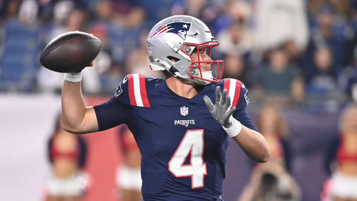 Aug 15, 2024; Foxborough, MA, USA; New England Patriots quarterback Bailey Zappe (4) throws a pass against the Philadelphia Eagles during the second half at Gillette Stadium. Mandatory Credit: Eric Canha-USA TODAY Sports