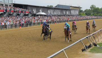 May 20, 2023; Baltimore, Maryland, USA; Horse race down the straight away during the running off the