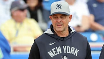 Feb 22, 2025; Dunedin, Florida, USA; New York Yankees manager Aaron Boone (17) before the game against the Toronto Blue Jays at TD Ballpark. 