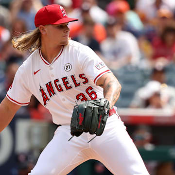 Sep 15, 2024; Anaheim, California, USA;  Los Angeles Angels starting pitcher Caden Dana (36) pitches during the first inning against the Houston Astros at Angel Stadium.