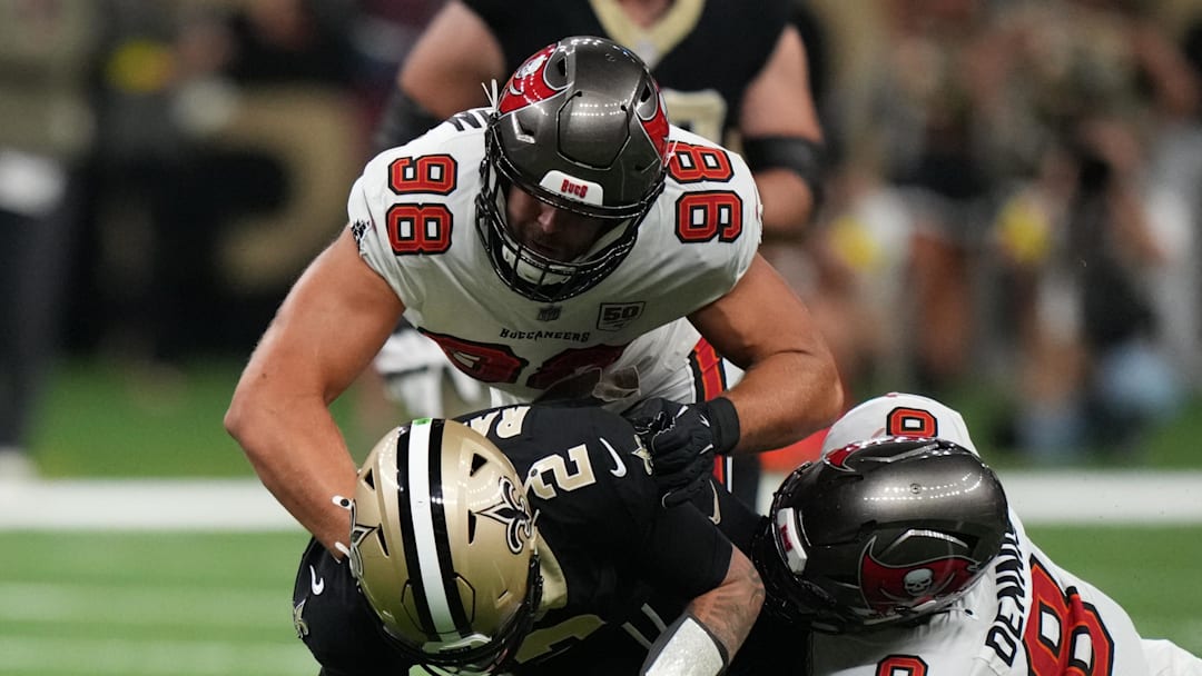 Tampa Bay Buccaneers pass rusher Anthony Nelson had a historic game for the team in their Week 8 win over New Orleans. (Mandatory Credit: Matthew Hinton-Imagn Images)