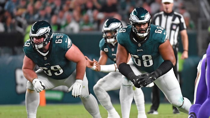 Sep 14, 2023; Philadelphia, Pennsylvania, USA; Philadelphia Eagles guard Landon Dickerson (69) and