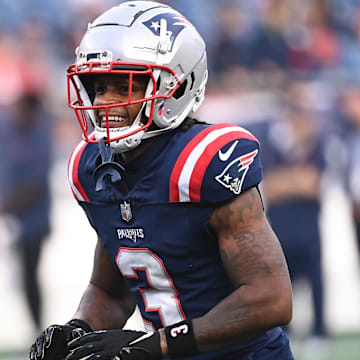 Aug 15, 2024; Foxborough, MA, USA; New England Patriots wide receiver DeMario Douglas (3) warms up before a game against the Philadelphia Eagles at Gillette Stadium. Mandatory Credit: Eric Canha-Imagn Images