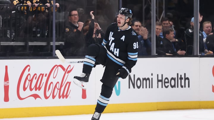 Jan 29, 2025; Salt Lake City, Utah, USA; Utah Hockey Club defenseman Mikhail Sergachev (98) celebrates scoring a goal against the Pittsburgh Penguinsduring the first period at Delta Center. Mandatory Credit: Rob Gray-Imagn Images