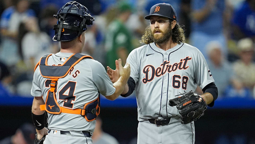 Sep 17, 2024; Kansas City, Missouri, USA; Detroit Tigers relief pitcher Jason Foley (68) celebrates with catcher Jake Rogers (34) after defeating the Kansas City Royals at Kauffman Stadium.