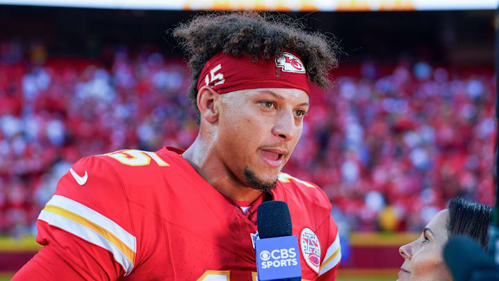 Sep 15, 2024; Kansas City, Missouri, USA; Kansas City Chiefs quarterback Patrick Mahomes (15) is interviewed after the win over the Cincinnati Bengals at GEHA Field at Arrowhead Stadium. Mandatory Credit: Denny Medley-Imagn Images