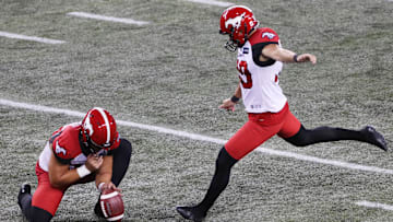 Aug 25, 2022; Winnipeg, Manitoba, CAN;  Calgary Stampeders kicker Rene Paredes (30) makes a field goal in the first half against the Winnipeg Blue Bombers at IG Field. Mandatory Credit: Bruce Fedyck-Imagn Images