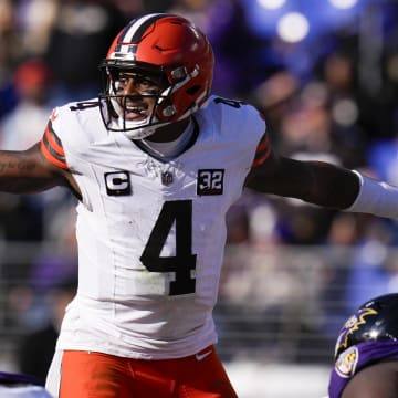 Nov 12, 2023; Baltimore, Maryland, USA;  Cleveland Browns quarterback Deshaun Watson (4) calls out to teammates before the snap against the Baltimore Ravens during the first half at M&T Bank Stadium.