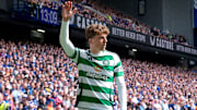 Scottish Premiership match on May 4, 2025: Pictured: Arne Engels (Celtic) prepares to take a corner kick, Glasgow, Ibrox Stadium, Scotland.