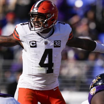 Nov 12, 2023; Baltimore, Maryland, USA;  Cleveland Browns quarterback Deshaun Watson (4) calls out to teammates before the snap against the Baltimore Ravens during the first half at M&T Bank Stadium. Mandatory Credit: Jessica Rapfogel-USA TODAY Sports