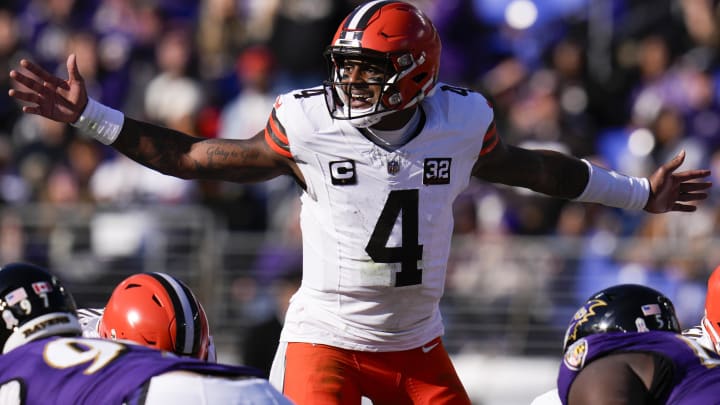Nov 12, 2023; Baltimore, Maryland, USA;  Cleveland Browns quarterback Deshaun Watson (4) calls out to teammates before the snap against the Baltimore Ravens during the first half at M&T Bank Stadium. Mandatory Credit: Jessica Rapfogel-USA TODAY Sports