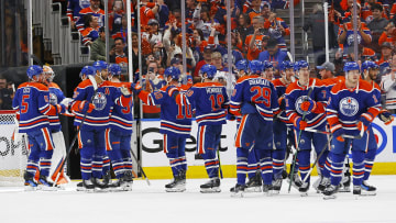 The Edmonton Oilers celebrate a 4-3 win over the Los Angeles Kings