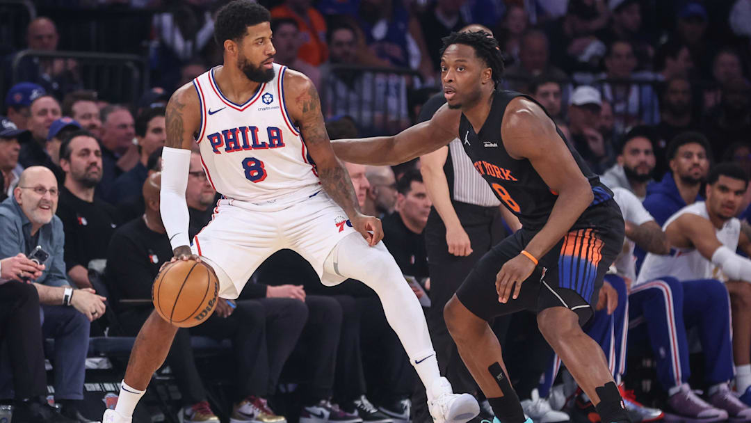 May 6, 2026; New York, New York, USA; Philadelphia 76ers forward Paul George (8) looks to drive past New York Knicks forward Og Anunoby (8) during game five of the second round of the 2026 NBA Playoffs at Madison Square Garden. Mandatory Credit: Wendell Cruz-Imagn Images