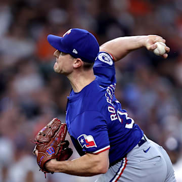 Texas Rangers pitcher David Robertson (37) delivers a pitch against the Houston Astros during the ninth inning at Minute Maid Park on July 13. 