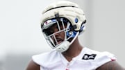 Jul 25, 2024; East Rutherford, NY, USA; New York Giants defensive tackle Jordon Riley (95) participates in a drill during training camp at Quest Diagnostics Training Center.  