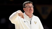 Vanderbilt basketball head coach Mark Byington directs his players during an NCAA college basketball game against California Wednesday, Nov. 13, 2024, in Nashville, Tenn.