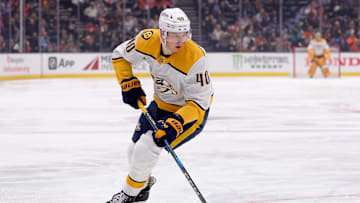 Mar 14, 2025; Anaheim, California, USA; Nashville Predators center Fedor Svechkov (40) skates against the Anaheim Ducks during the third period at Honda Center. Mandatory Credit: Ryan Sun-Imagn Images