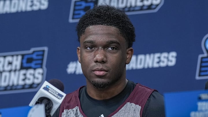 Mar 20, 2024; Charlotte, NC, USA; Mississippi State Bulldogs guard Josh Hubbard (13) during player interviews at Spectrum Center. Mandatory Credit: Jim Dedmon-Imagn Images