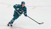 Jan 4, 2025; San Jose, California, USA; San Jose Sharks center Macklin Celebrini (71) during the third period against the New Jersey Devils at SAP Center at San Jose. Mandatory Credit: Darren Yamashita-Imagn Images