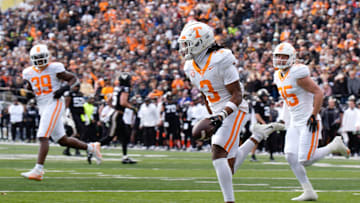 Tennessee defensive back Jermod McCoy (3) reacts after gaining control of a fumble during the second quarter at FirstBank Stadium in Nashville, Tenn., Saturday, Nov. 30, 2024.