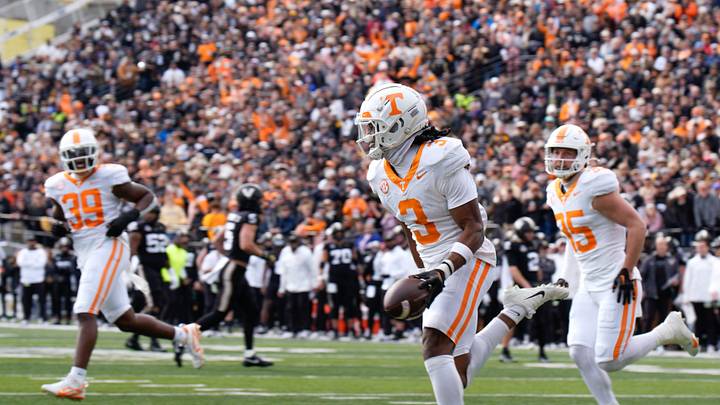Tennessee defensive back Jermod McCoy (3) reacts after gaining control of a fumble during the second quarter at FirstBank Stadium in Nashville, Tenn., Saturday, Nov. 30, 2024.