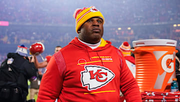 Jan 23, 2022; Kansas City, Missouri, USA; Kansas City Chiefs offensive coordinator Eric Bieniemy leaves the field after defeating the Buffalo Bills in an AFC Divisional playoff football game at GEHA Field at Arrowhead Stadium. Mandatory Credit: Jay Biggerstaff-Imagn Images