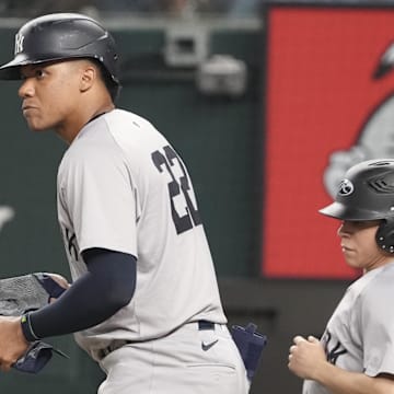 Sep 3, 2024; Arlington, Texas, USA; New York Yankees right fielder Juan Soto (22) stares at Texas Rangers starting pitcher Andrew Heaney (not shown) after he was hit by a pitch during the fifth inning at Globe Life Field. 