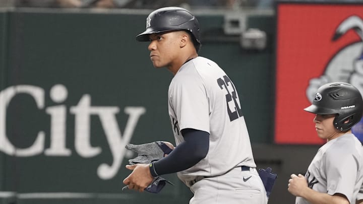 Sep 3, 2024; Arlington, Texas, USA; New York Yankees right fielder Juan Soto (22) stares at Texas Rangers starting pitcher Andrew Heaney (not shown) after he was hit by a pitch during the fifth inning at Globe Life Field. 