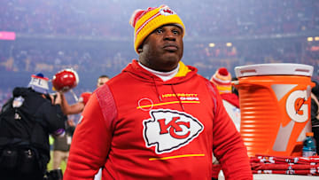 Jan 23, 2022; Kansas City, Missouri, USA; Kansas City Chiefs offensive coordinator Eric Bieniemy leaves the field after defeating the Buffalo Bills in an AFC Divisional playoff football game at GEHA Field at Arrowhead Stadium. Mandatory Credit: Jay Biggerstaff-Imagn Images