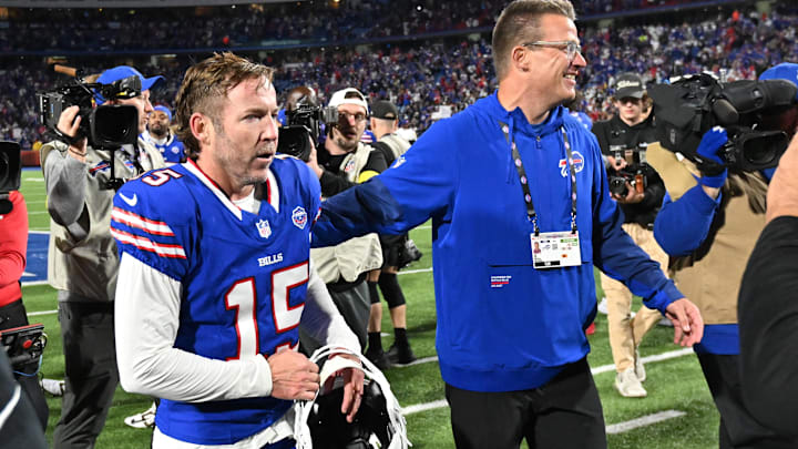 Buffalo Bills kicker Matt Prater celebrates the win after kicking a field goal during the fourth quarter against the Ravens. Buffalo Bills kicker Matt Prater celebrates the win after kicking a field goal during the fourth quarter against the Ravens.