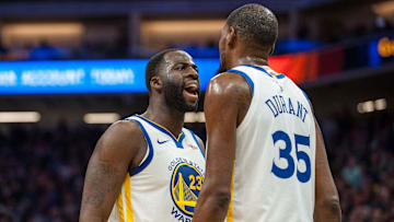 Dec 14, 2018; Sacramento, CA, USA; Golden State Warriors forward Draymond Green (23) and forward Kevin Durant (35) celebrate after defeating the Sacramento Kings at Golden 1 Center. Mandatory Credit: Ed Szczepanski-Imagn Images