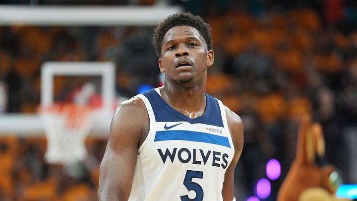 May 4, 2026; San Antonio, Texas, USA; Minnesota Timberwolves guard Anthony Edwards (5) walks up the court in the first half against the San Antonio Spurs during game one of the second round of the 2026 NBA Playoffs at Frost Bank Center. Mandatory Credit: Daniel Dunn-Imagn Images