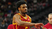 Mar 13, 2024; Las Vegas, NV, USA; USC Trojans guard Bronny James (6) returns to the bench in a game against the Washington Huskies during the second half at T-Mobile Arena. Mandatory Credit: Stephen R. Sylvanie-USA TODAY Sports