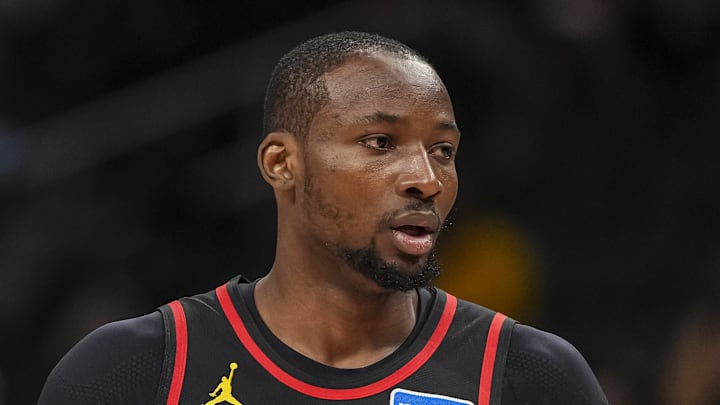 Atlanta Hawks forward Jonathan Kuminga (0) shown on the court against the Washington Wizards during the first half at State Farm Arena on February 24, 2026.