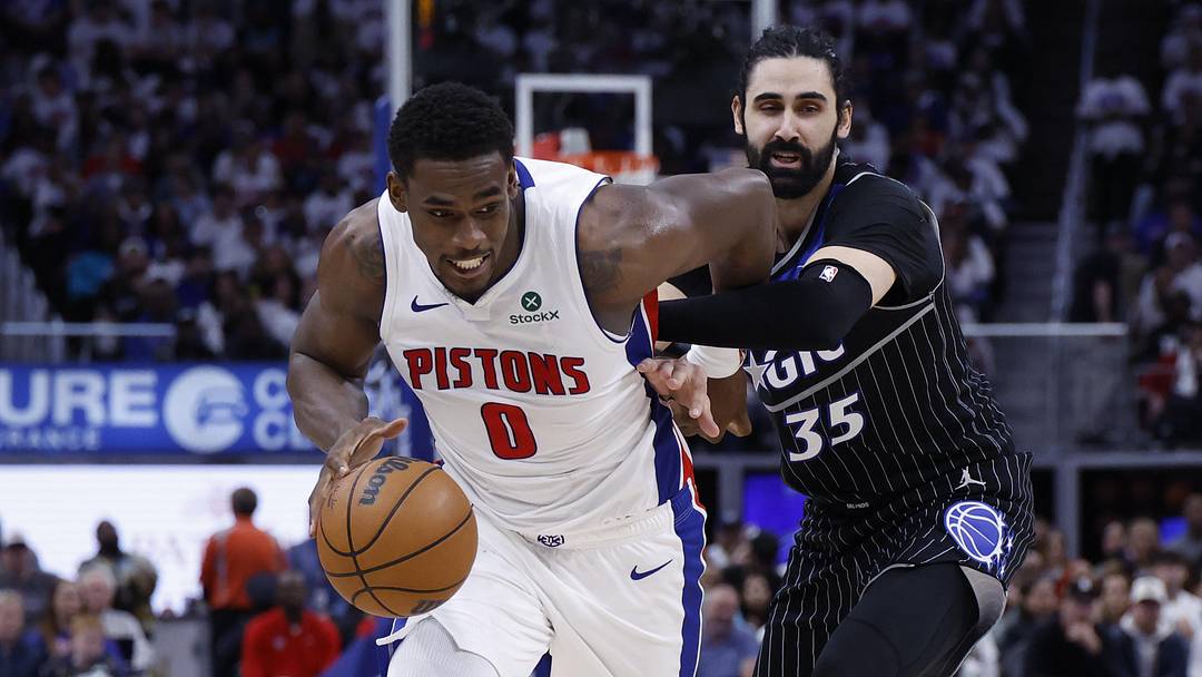 Apr 22, 2026; Detroit, Michigan, USA; Detroit Pistons center Jalen Duren (0) dribbles on Orlando Magic center Goga Bitadze (35) in the second half during game two of the first round of the 2026 NBA Playoffs at Little Caesars Arena. Mandatory Credit: Rick Osentoski-Imagn Images