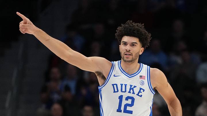 Mar 12, 2026; Charlotte, NC, USA; Duke Blue Devils forward Cameron Boozer (12) reacts in the first half at Spectrum Center. Mandatory Credit: Bob Donnan-Imagn Images