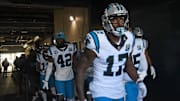 Dec 8, 2024; Philadelphia, Pennsylvania, USA; Carolina Panthers wide receiver Xavier Legette (17) in the tunnel against the Philadelphia Eagles  at Lincoln Financial Field. Mandatory Credit: Eric Hartline-Imagn Images