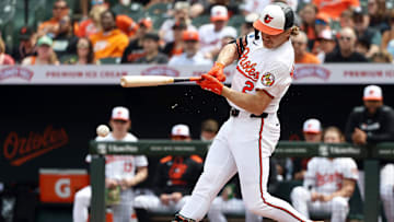 Apr 20, 2025; Baltimore, Maryland, USA; Baltimore Orioles shortstop Gunnar Henderson (2) reaches first base safely on a force out during the first inning against the Cincinnati Reds at Oriole Park at Camden Yards. 