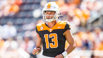 Tennessee quarterback Gaston Moore (13) during Tennessee's Orange & White spring football game at Neyland Stadium on Saturday, April 13, 2024.